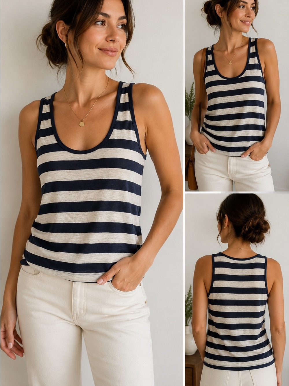 J. Crew 100% Linen Scoop Neck Striped Navy/Off White Tank